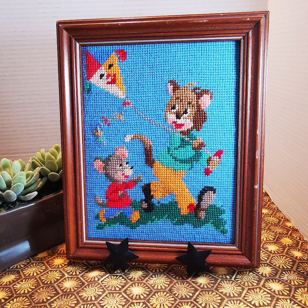 Vintage Colourful Framed Needlepoint Cat Mouse Flying a Kite